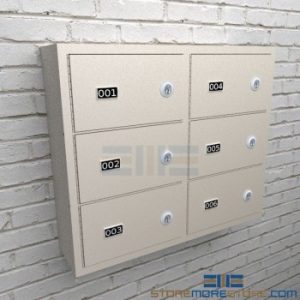 SIX COMPARTMENT SURFACE WALL MOUNT HAND GUN LOCKERS WITH MASTER KEY LOCKS, 25" WIDE X 6-1/2" DEEP X 20-1/8" HIGH